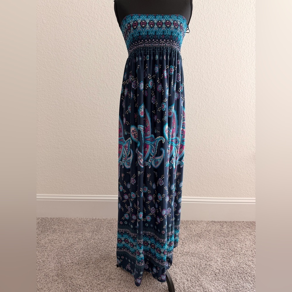 ZARA Trafaluc Boho Paisley Maxi Dress | Strapless Smocked Turquoise